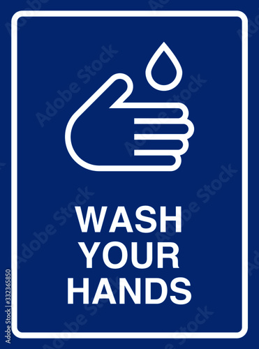 Vector high quality pictogram illustration of the wash your hands sign - White icon and bold writing on blue background