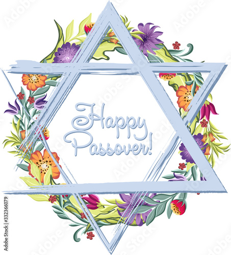Greeting card with floral frame, Happy Passover jewish lettering and Star of David, hand drawing vector illustration