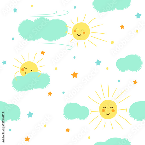 the sun sleeps on a cloud, flies in the wind and pushes clouds,  seamless pattern, vector illustration, cartoon pattern
