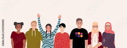 Multinational group of happy people. African, asian, european students. People of different nationalities and religions cartoon style. Cultural diversity. Friendship concept. Flat vector illustration