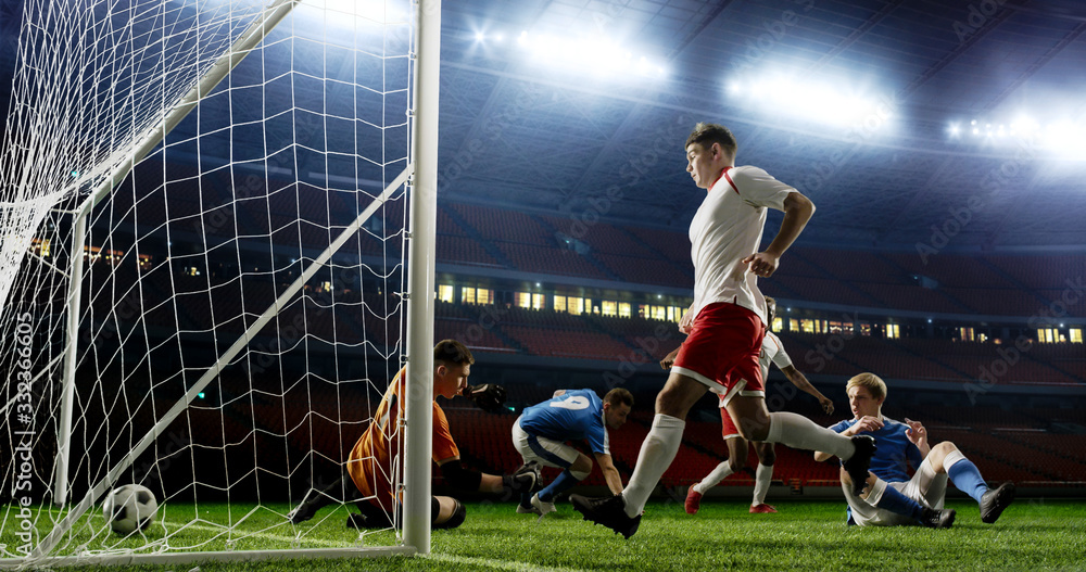 Obraz premium Tense game moment in front of the goal on the empty professional soccer stadium. No spectators on tribunes. Stadium is made in 3d.