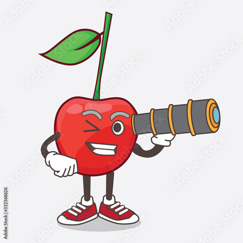 Bing Cherry cartoon mascot character using a monocular