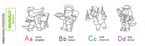 Animals professions alphabet or ABC. Coloring book