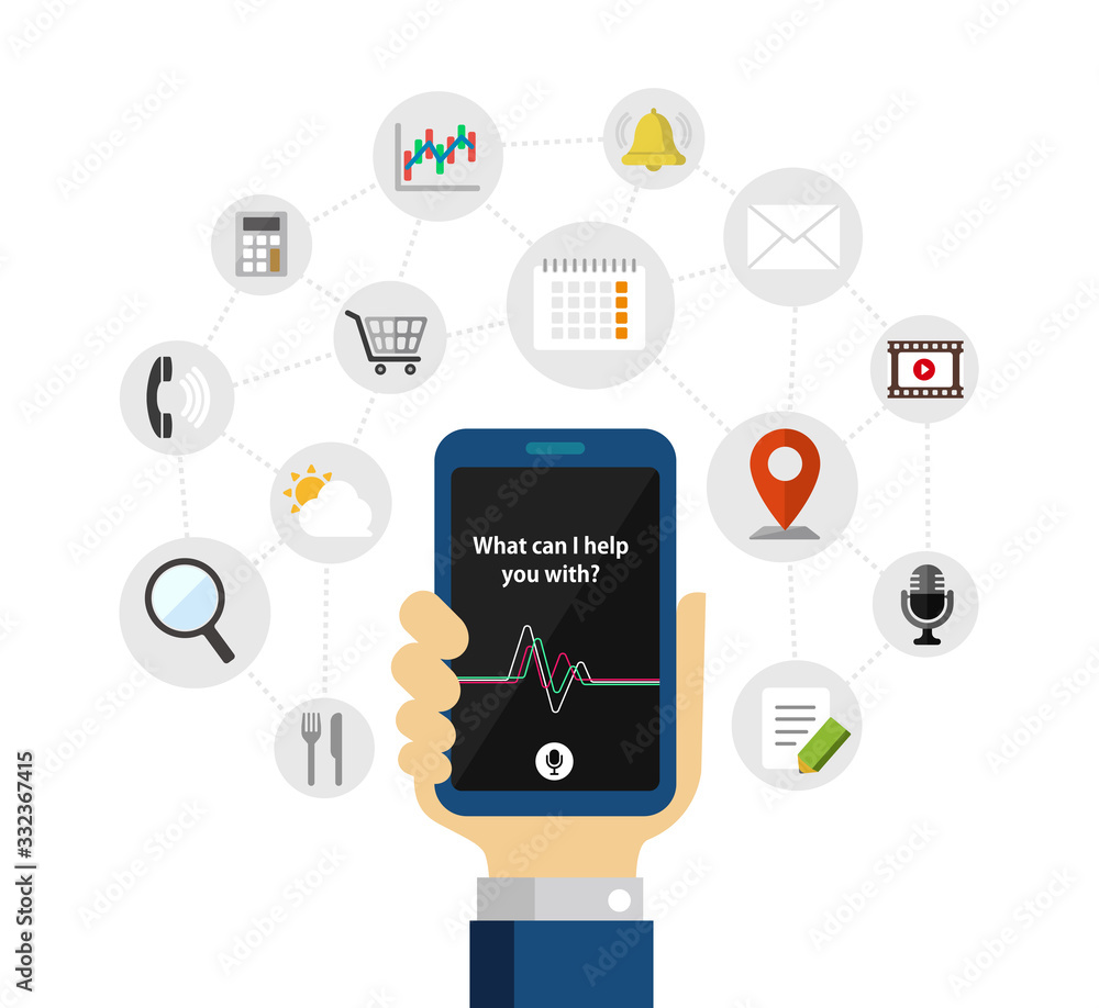 Concierge app ( personal voice assistant ) vector illustration / Holding a smartphone in hand Concierge app ( personal voice assistant ) vector illustration / Holding a smartphone in hand