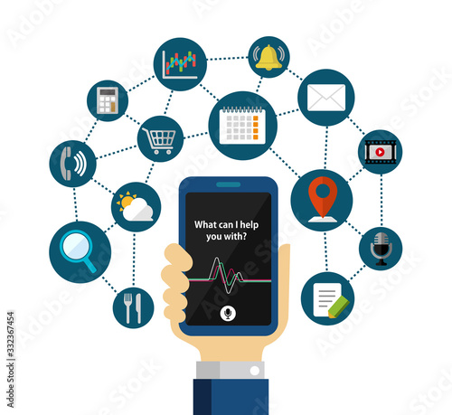 Concierge app ( personal voice assistant ) vector illustration / Holding a smartphone in hand