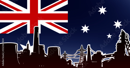 Heavy industry of Australia vector illustration colored red with electric power plant, factory and mining facility on the flag background with colors blue, red, white