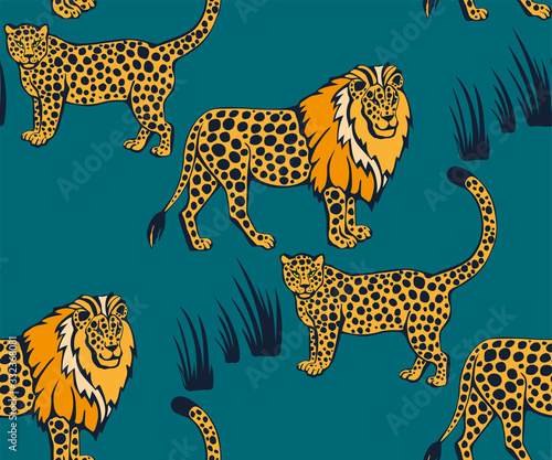 Vector background hand drawn exotic wild cats lion. Hand drawn ink illustration. Modern ornamental decorative background. Vector pattern. Print for textile, cloth, wallpaper, scrapbooking