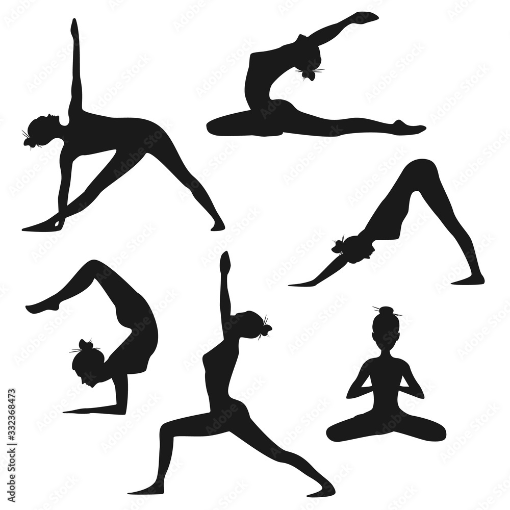 Set of different yoga poses. Female silhouettes isolated on white background.