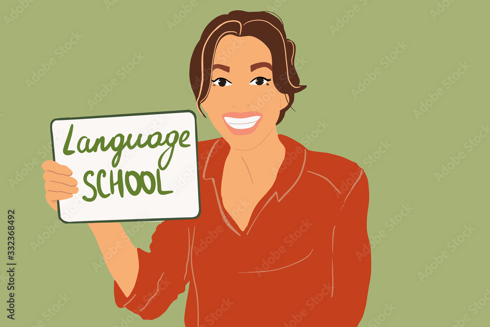 Portrait of a young woman learns foreign languages online using digital tablet. Colorful vector illustration in flat cartoon style Portrait of a young woman learns foreign languages online using digital tablet. Colorful vector illustration in flat cartoon style