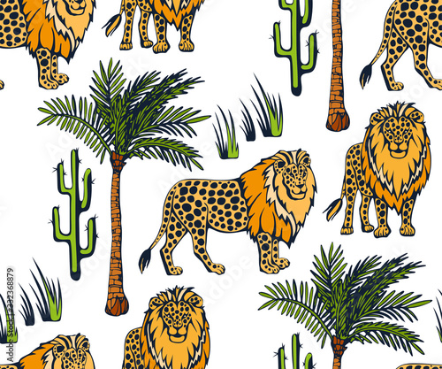 Vector background hand drawn exotic wild cats lion. Hand drawn ink illustration. Modern ornamental decorative background. Vector pattern. Print for textile, cloth, wallpaper, scrapbooking