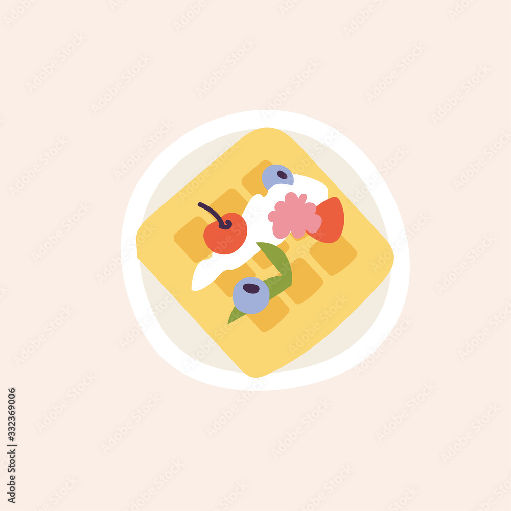 Vector illustration of belgium waffles with cream and berries. Sweet breakfast. Vector illustration of belgium waffles with cream and berries. Sweet breakfast.