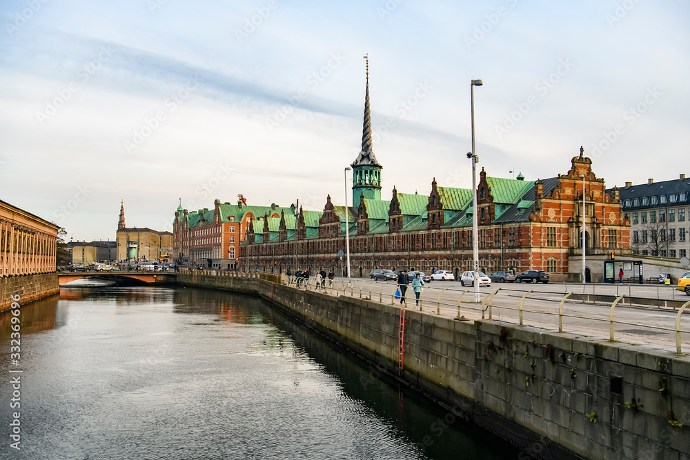 View to Borsen, building of Copenhagen Stock Exchange on the island of Slotsholmen. Copenhagen, Denmark. February 2020