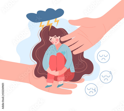 Empathy concept with nurturing hands reaching down to sustain a sad young woman in deep depression sitting under a thunder cloud with crying emoticons, vector illustration