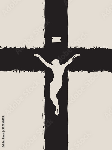 Vector banner for Easter Sunday or Good Friday. Illustration on a religious theme with a crucifixion. Abstract black cross with a crucifix. Jesus Christ, Son of God, Catholic and Christian symbol