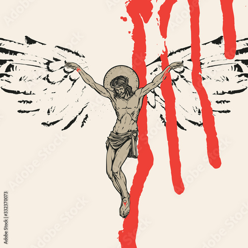 Abstract religious banner with crucified Jesus Christ with wings and blood drips. Catholic and Christian symbol. Vector illustration on the theme of Easter and Good Friday