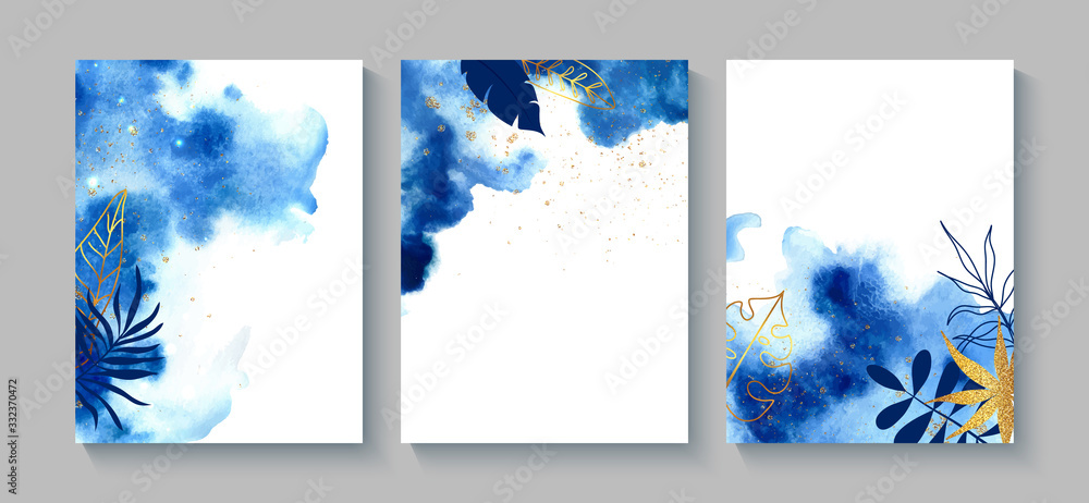 Set of creative cards with blue watercolor, golden sequins and hand drawn tropical plants. Design for greeting card, brochure, cover, invitation and more. Vector illustration.