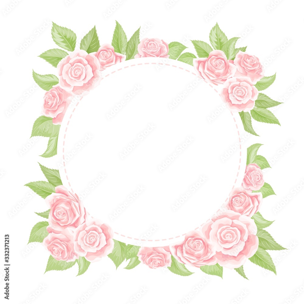 Pink cream rose frame in the shape of circle, hand draw vector illustration