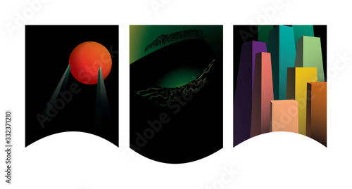 Abstract triptych compositions in the dark with wavy frames; sphere, closed eye, sky scrapers.