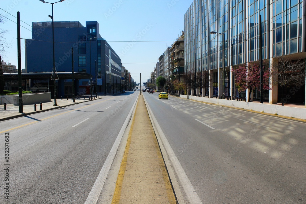 Athens, Greece, March 21 2020 - Empty Suggrou Avenue, one of the most crowded streets of Athens due to Coronavirus outbreak. 