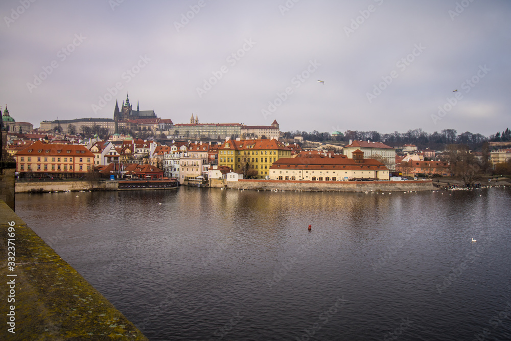 panoramic view of the Mala Strana district and the Castle from the Charles Bridge in Prague