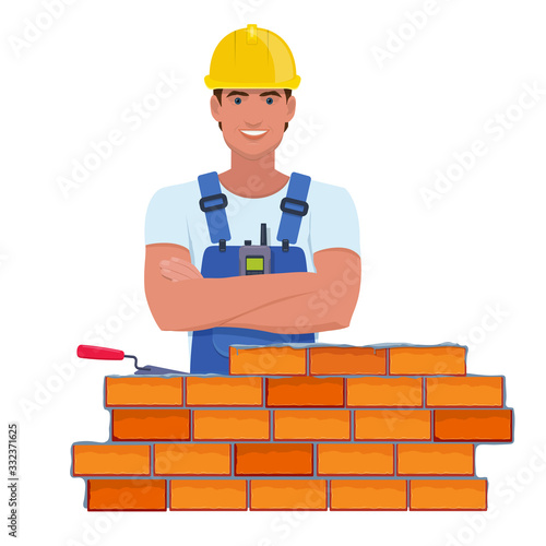 Bricklayer in a yellow helmet building a brick wall. Vector illustration in cartoon style B  Автор: Bienchen-s