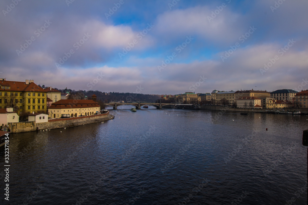 panoramic view of the Mala Strana district and the Castle from the Charles Bridge in Prague