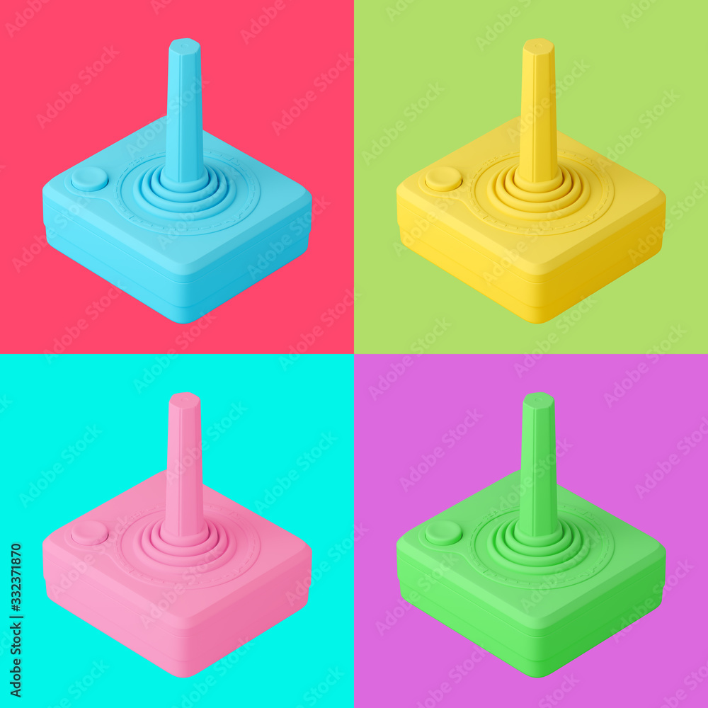 Colorful set of retro joysticks isolated on different bright backgrounds. Pop art. Creative minimal design art. 3d illustration. Colorful set of retro joysticks isolated on different bright backgrounds. Pop art. Creative minimal design art. 3d illustration.