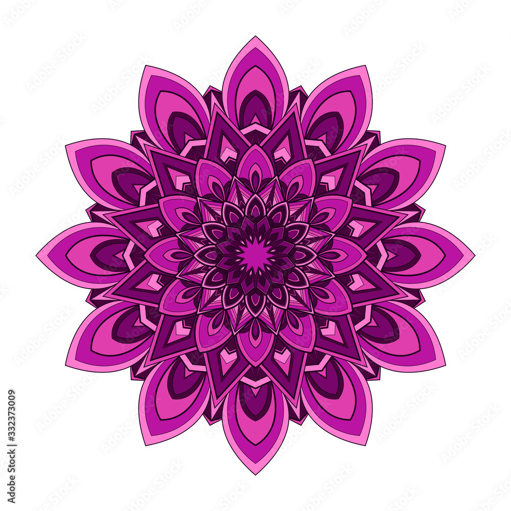 Pink and purple round mandala isolated on white background. Vector illustration