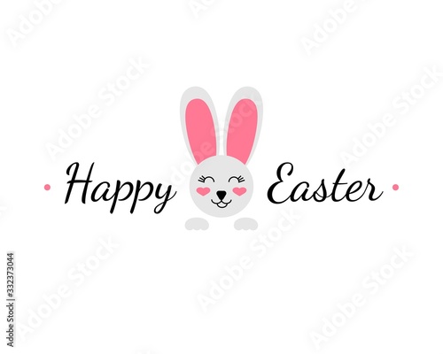 Cute easter bunny vector illustration. Happy Easter greeting text  isolated on white background. Happy easter lettering with cute bunny.