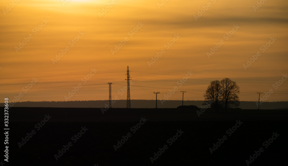 Obraz premium Magical sunrise sun behind the tree. There is a golden sky in the background. Dark clouds in the sky