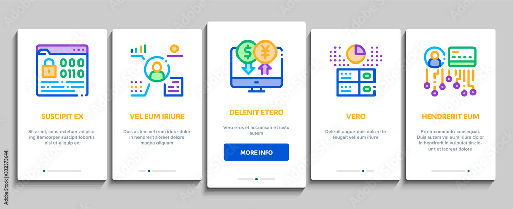 Fintech Innovation Onboarding Mobile App Page Screen Vector. Bitcoin Financial Technology, Binary Code And Electronic Exchange, Wifi Smartphone Fintech Color Contour Illustrations