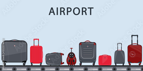 Airport conveyor belt with passenger luggage. Suitcase set. Airport baggage belt, luggage for travel, terminal conveyor. Baggage claim at terminal airport. Vector illustration, travel concept