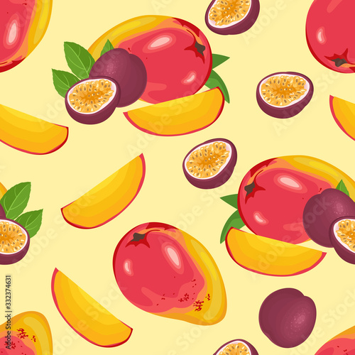 Tropical ripe fruits and green leaves seamless pattern. Vector mango and passion fruit on yellow background. Illustration of food in cartoon flat style.