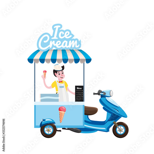 Ice cream seller man with ice cream cold dessert food scooter moped cart