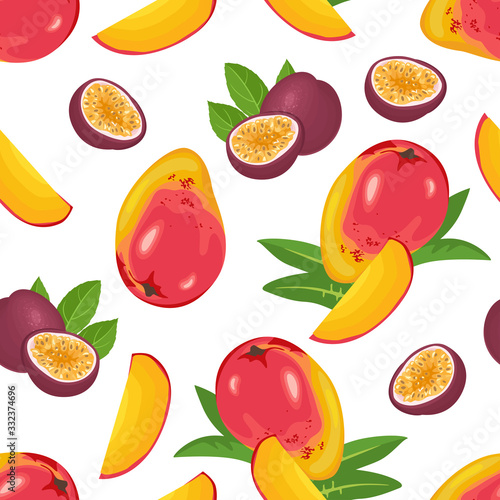 Fototapeta Naklejka Na Ścianę i Meble -  Mango and passion fruit seamless pattern. Juicy tropical fruits and green leaves on a white background. Vector food illustration in cartoon flat style.