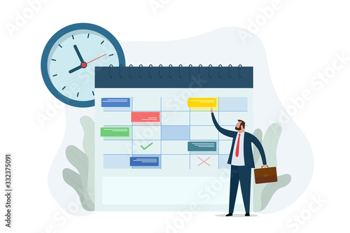 Businessman is planning work. Planning schedule concept. Effective time management. Vector illustration.
