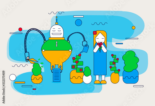Girl sitting at the dining table. Satisfied robot carries a tray of food and drink.