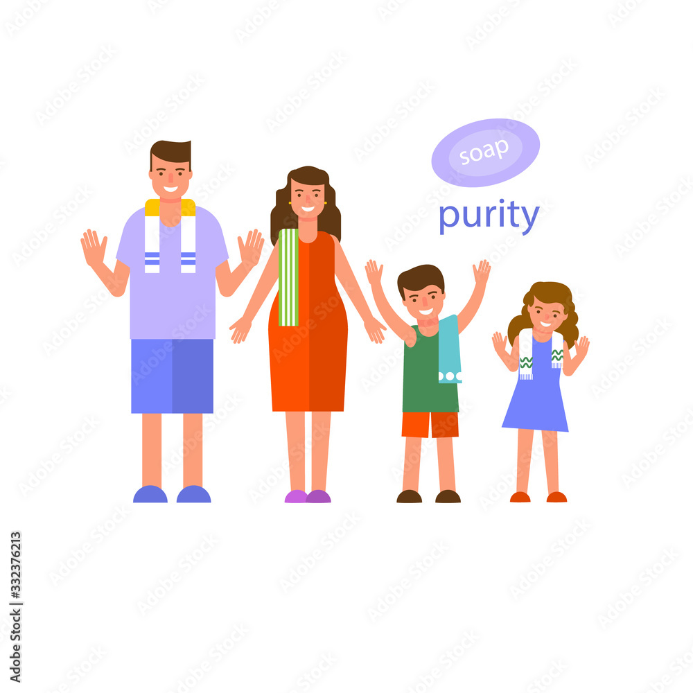 Obraz premium Happy family of four shows clean washed hands