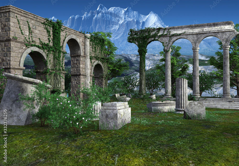 3D rendered Fantasy Landscape with Greek Temple Ruins - 3D Illustration