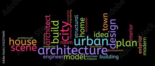 Architecture word cloud. Architectural concept. Collage made of words. Vector colorful illustration. Isolated on black background.