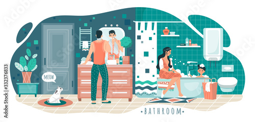 Family in bathroom, morning hygiene routine, vector illustration. Man shaving, boy bathing, woman sitting on bathtub. Happy parents and son together in bathroom, people cartoon characters