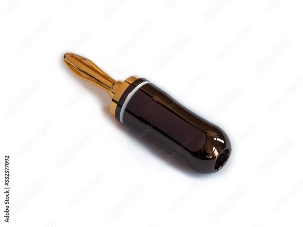 Gold plated red and black high quality banana plugs for cable speakers, isolated on white. Gold plated red and black high quality banana plugs for cable speakers, isolated on white.