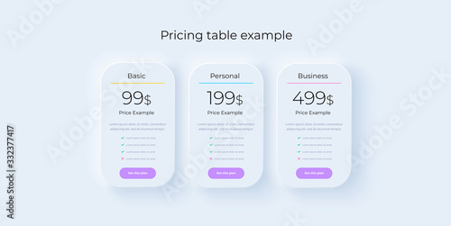 Price table concept in realistic neuromorphism vector design. Pricing or subscription plan ui web elements. Website marketing or promotion interface template. Product comparison table. photo