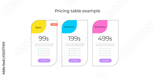 Price table concept in realistic neuromorphism vector design. Pricing or subscription plan ui web elements. Website marketing or promotion interface template. Product comparison table.