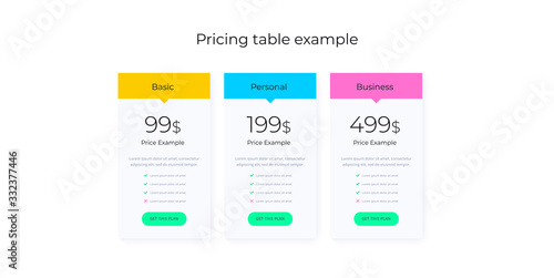 Price table concept in realistic neuromorphism vector design. Pricing or subscription plan ui web elements. Website marketing or promotion interface template. Product comparison table.