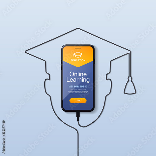 The smartphone is charging via usb wire. The interface of the website or application for online learning for an educational institution. The logo of the square academic cap. Vector eps 10.