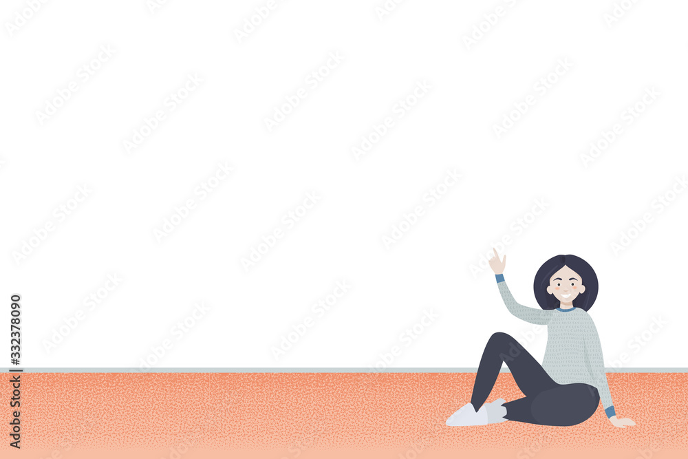Fototapeta premium Girl sitting on the floor, shows a banner, poster. Empty field for text, ads