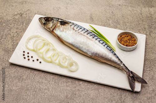 Pickled whole mackerel. Traditional seafood delicacy, healthy eating concept