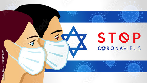 Stop Coronavirus Israelite people in medical mask on Israel flag. Novel Coronavirus (2019-nCoV), virus Covid 19-NCP. Outbreak Covid-19 background with viral cell red color. Vector illustration