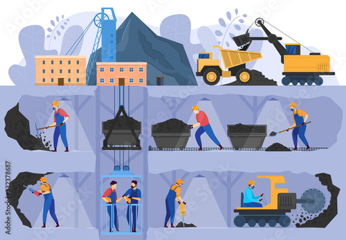 Coal mine industry, people working in underground caverns, vector illustration. Miners cartoon characters, coal extraction and transportation. Mining factory, men and machinery work in tunnels, set